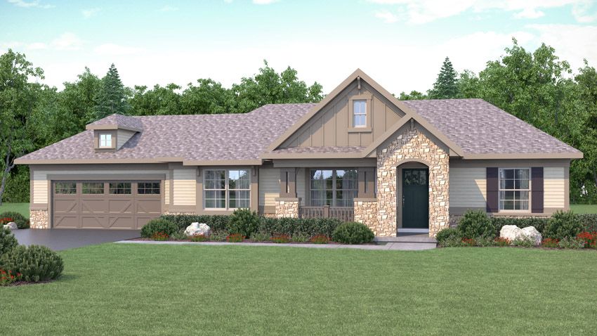 Exterior rendering of the Hemlock floor plan, European exterior style. 3 bedrooms, 2 bathrooms