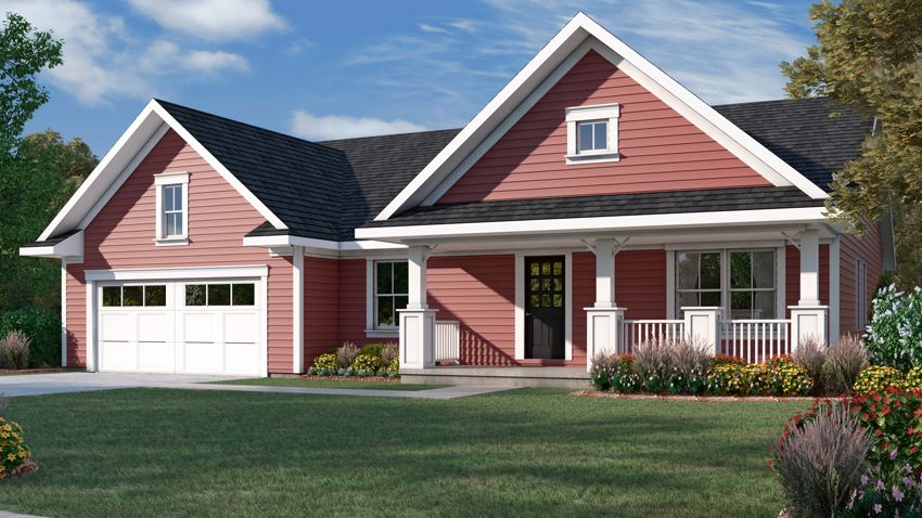 Exterior rendering of Juniper floor plan in Country Exterior Style. 3 bed/2 bath